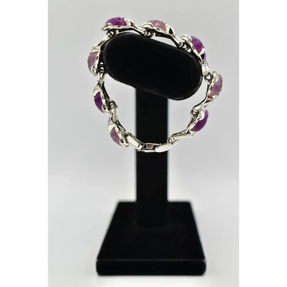Star Vintage Choker Bracelet Purple Lucite Leaf Silver Chunky Signed 1940s BinAW